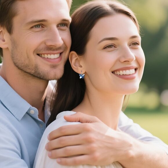 Women's Sterling Butterfly Blue Dangle Hoop Leverback Comfortable Earring - Picture 5 of 6